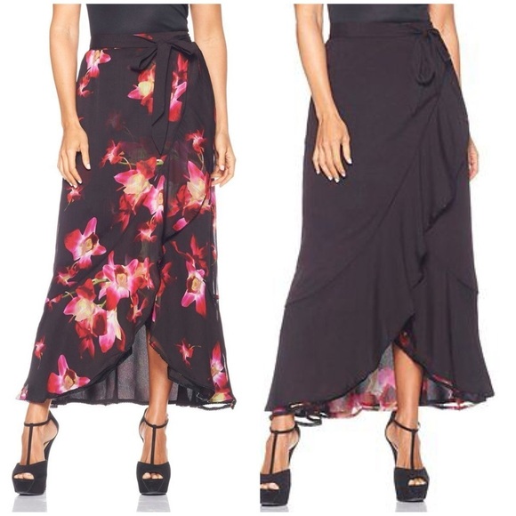 American Glamour Badgley Mischka Reversible Wrap Maxi Skirt Black Floral Small - Picture 1 of 7
